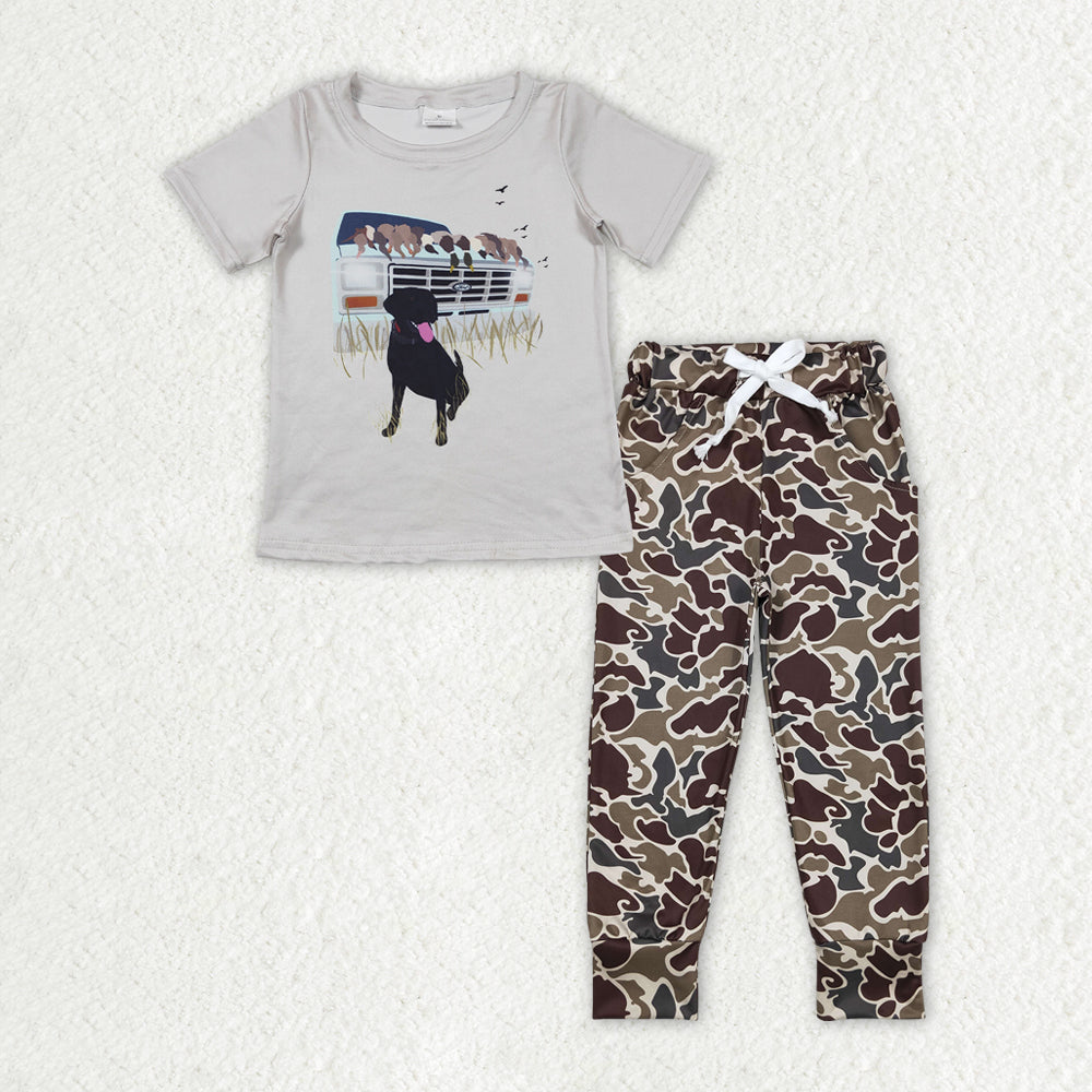 Grey Dog Print Short Sleeve Camo Pants Boys Suit