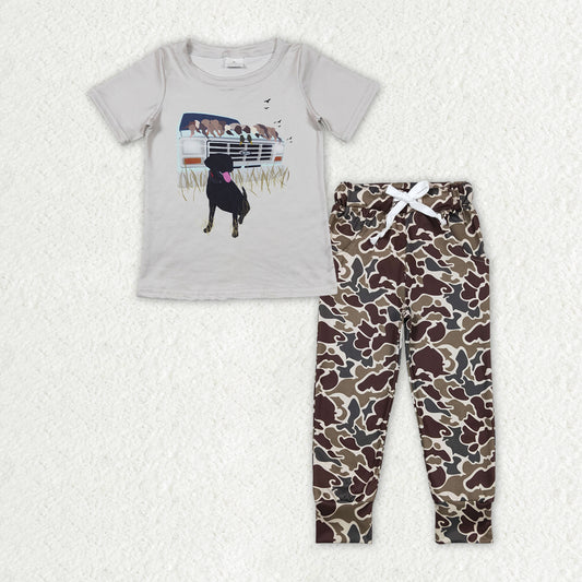 Grey Dog Print Short Sleeve Camo Pants Boys Suit