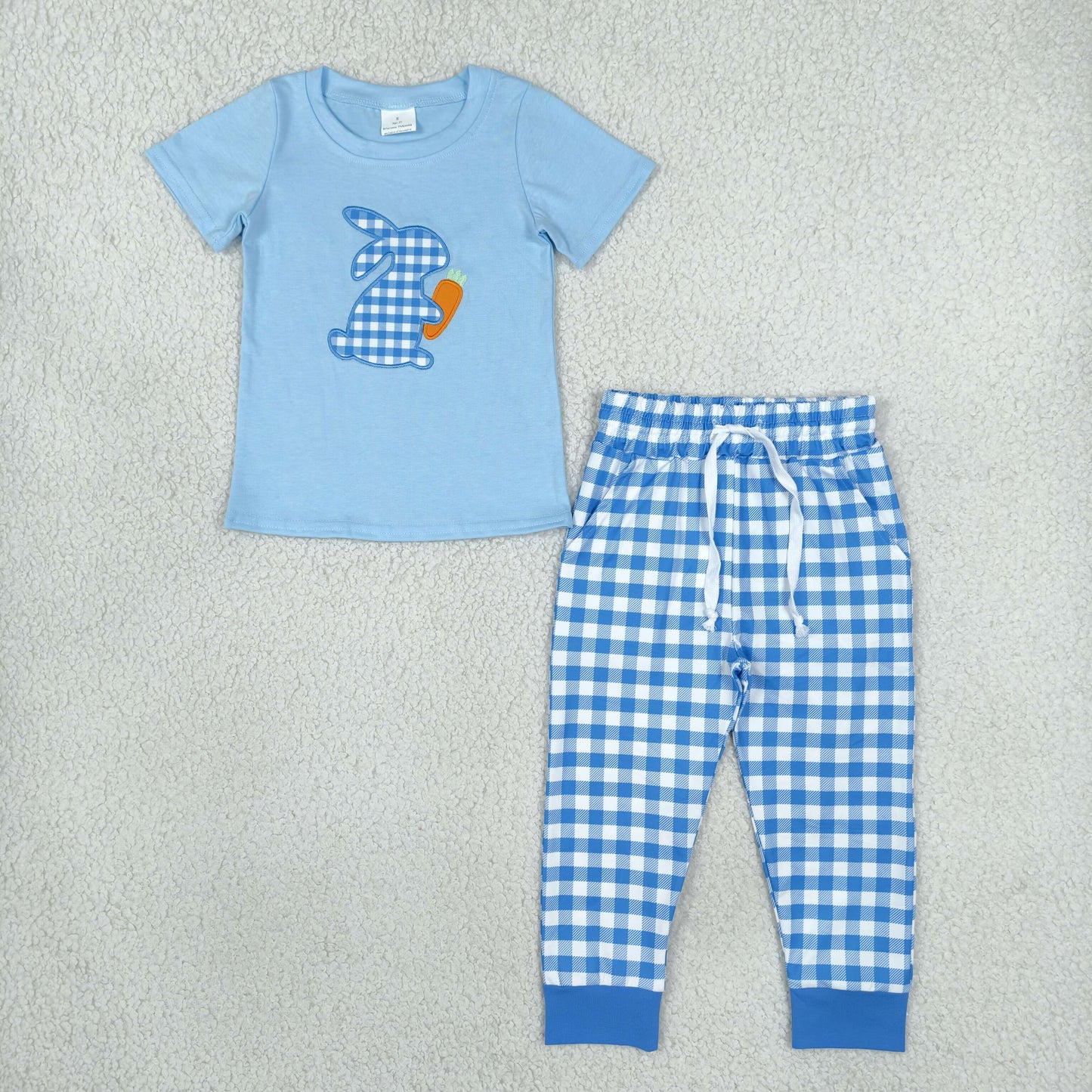 BSPO0703 Embroidery Easter Bunny Plaid Blue Boys Set