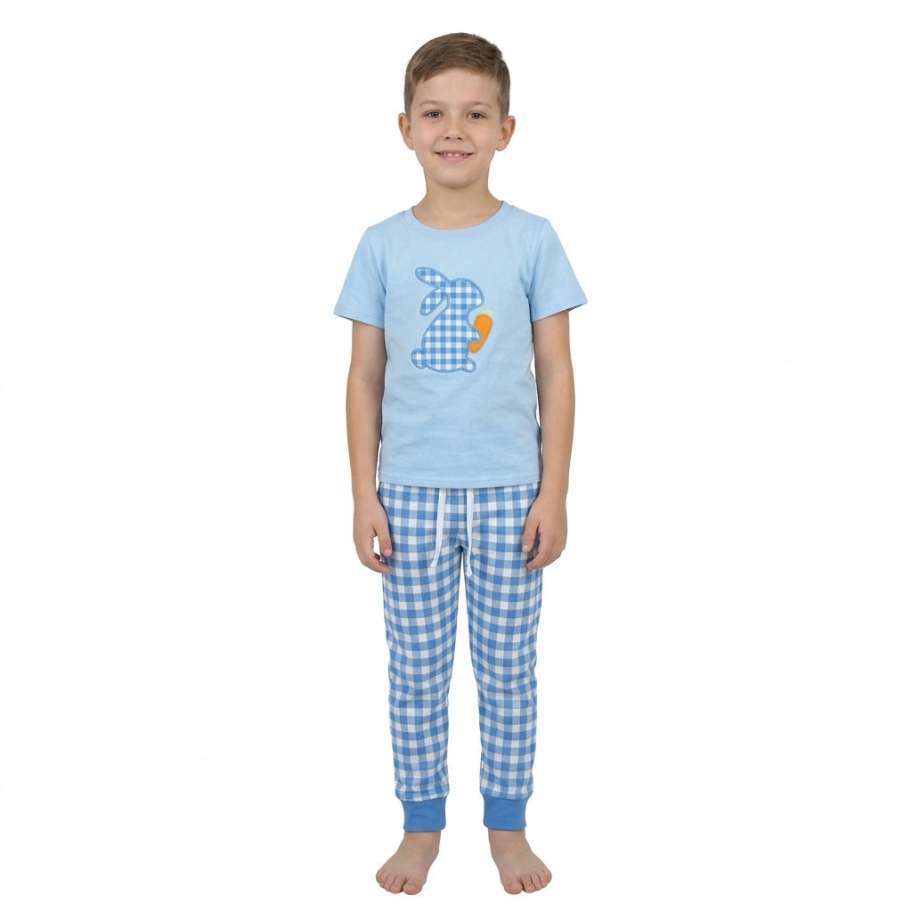 BSPO0703 Embroidery Easter Bunny Plaid Blue Boys Set