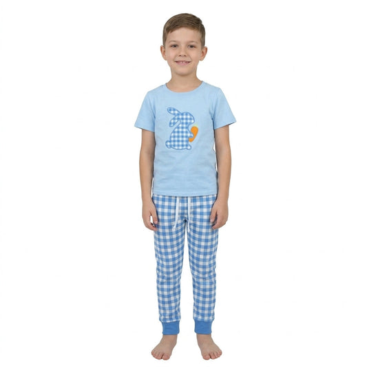 BSPO0703 Embroidery Easter Bunny Plaid Blue Boys Set