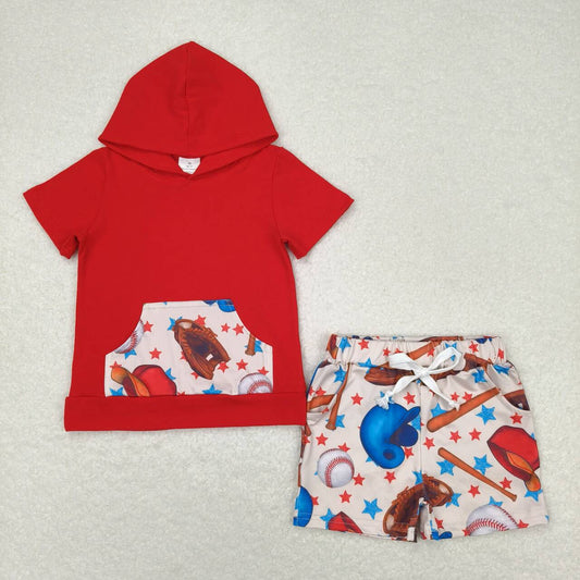 Red Baseball print short sleeve boy set