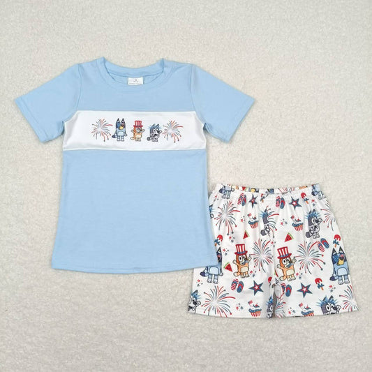 Blue Cartoon dog print stripe short sleeve boy set