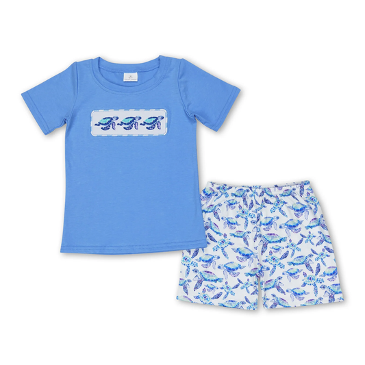 Blue Embroidered turtle set Boy Set （us warehouse）