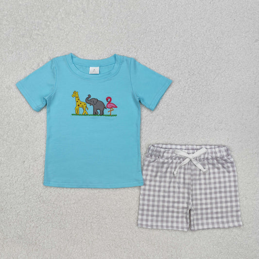 blue embroidery animals boys Suit Summer Set