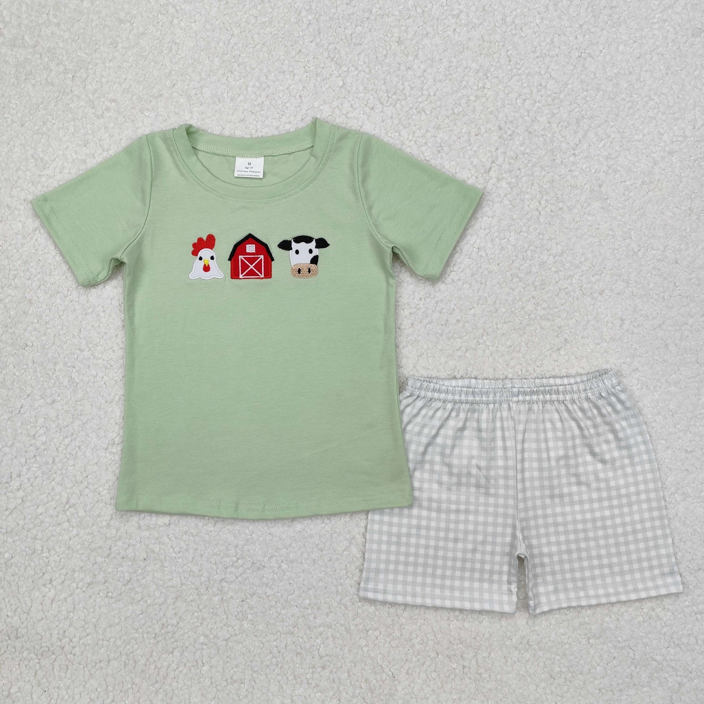Green Embroidered cow chicken house Boy Set
