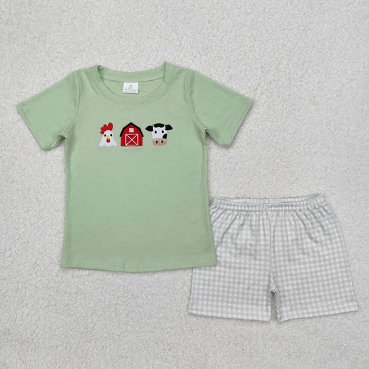 Green Embroidered cow chicken house Boy Set