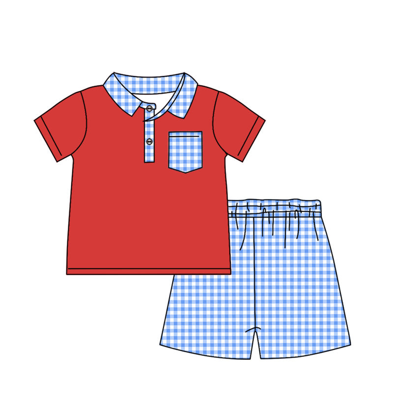 pre -order red shirt blue plaid shorts print Boys Summer set BSSO1152