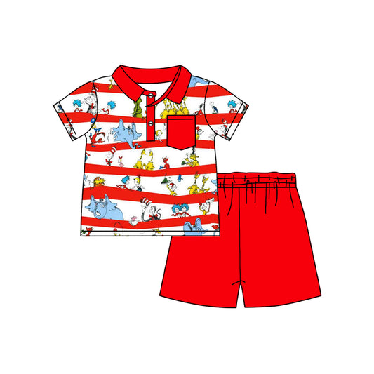 pre -order red stripe pattern print shirt red pants print Boys Summer set BSSO1156