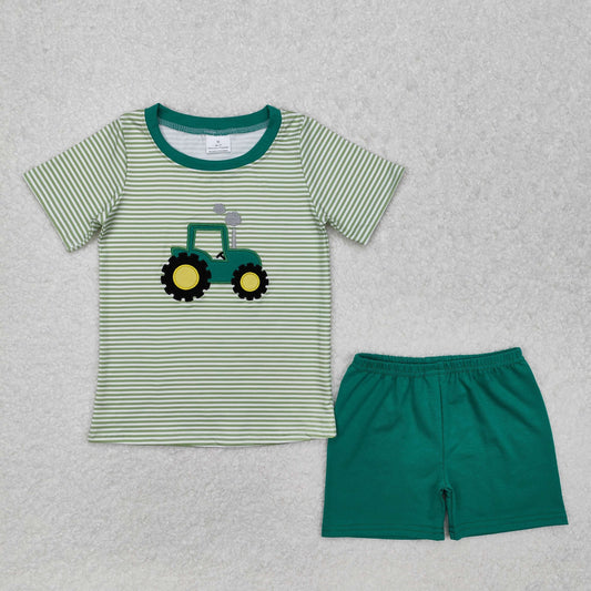Green stripe tractor embroidery Suit Summer Set