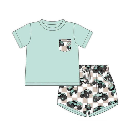 pre -order green plaid cars Short Sleeve boy set BSSO1316