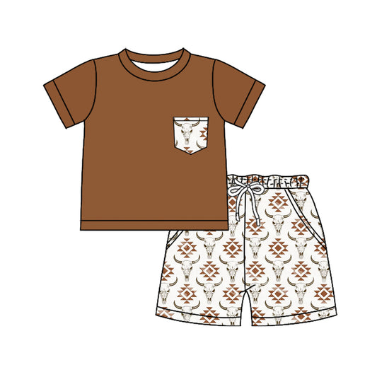 pre -order brown cattle print Short Sleeve boy set BSSO1319