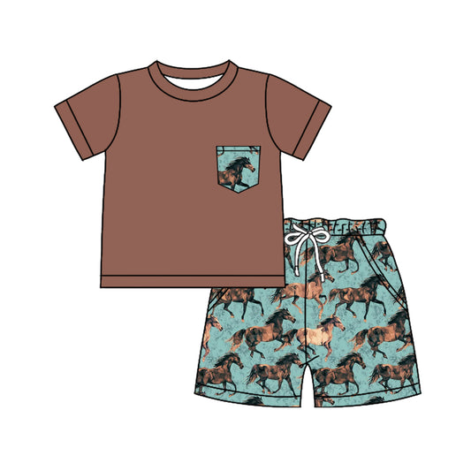 pre -order brown hunting horse  print Short Sleeve boy set BSSO1321