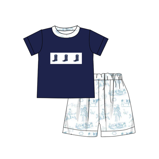 pre -order navy blue boots western cowboy cactus boy set BSSO1342