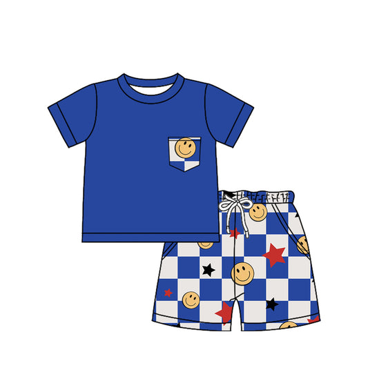 pre -order blue plaid smile  print short Sleeve boy set BSSO1369