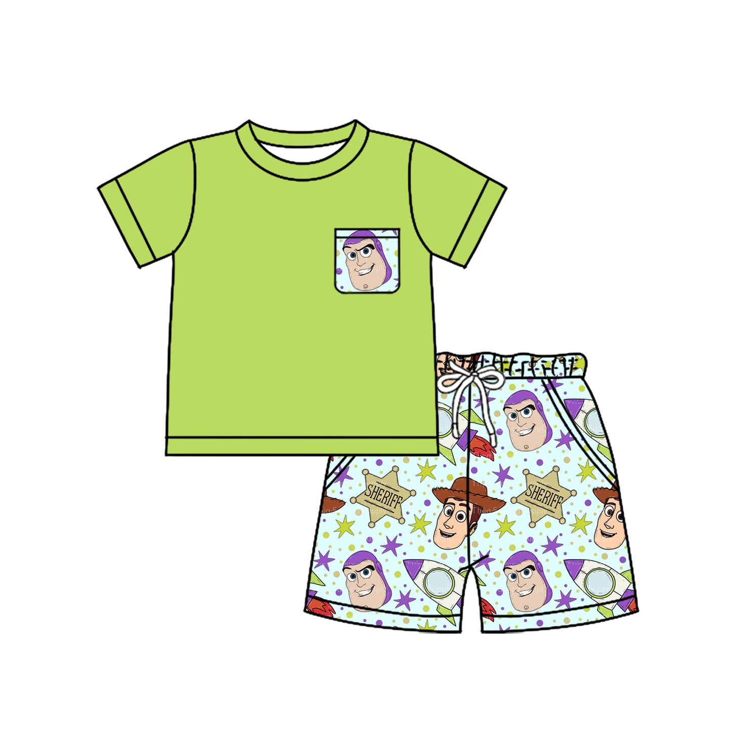 pre -order green cartoon pocket print short Sleeve boy set BSSO1370