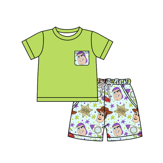 pre -order green cartoon pocket print short Sleeve boy set BSSO1370