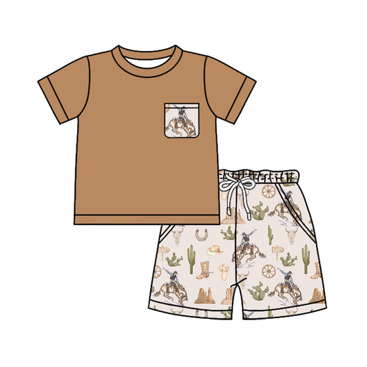 pre -order brown cowboy pocket print short Sleeve boy set BSSO1372