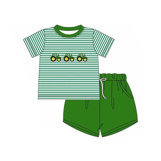 pre -order green stripe tractor print short Sleeve boy set BSSO1374