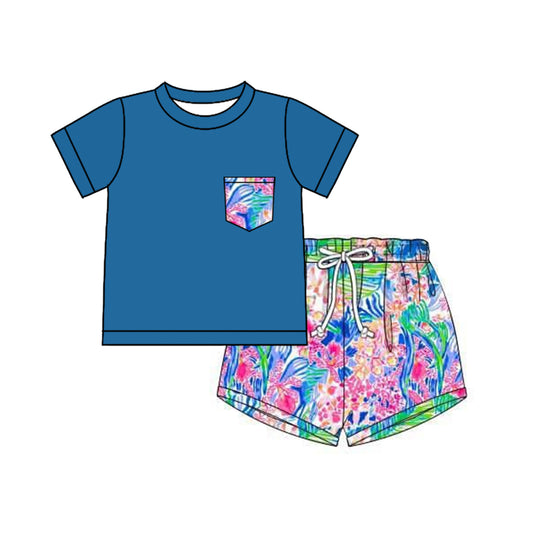pre -order navy blue flowers print short Sleeveboy set BSSO1379