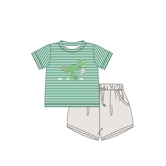 pre -order green stripe dinosaur print short Sleeve boy set BSSO1416