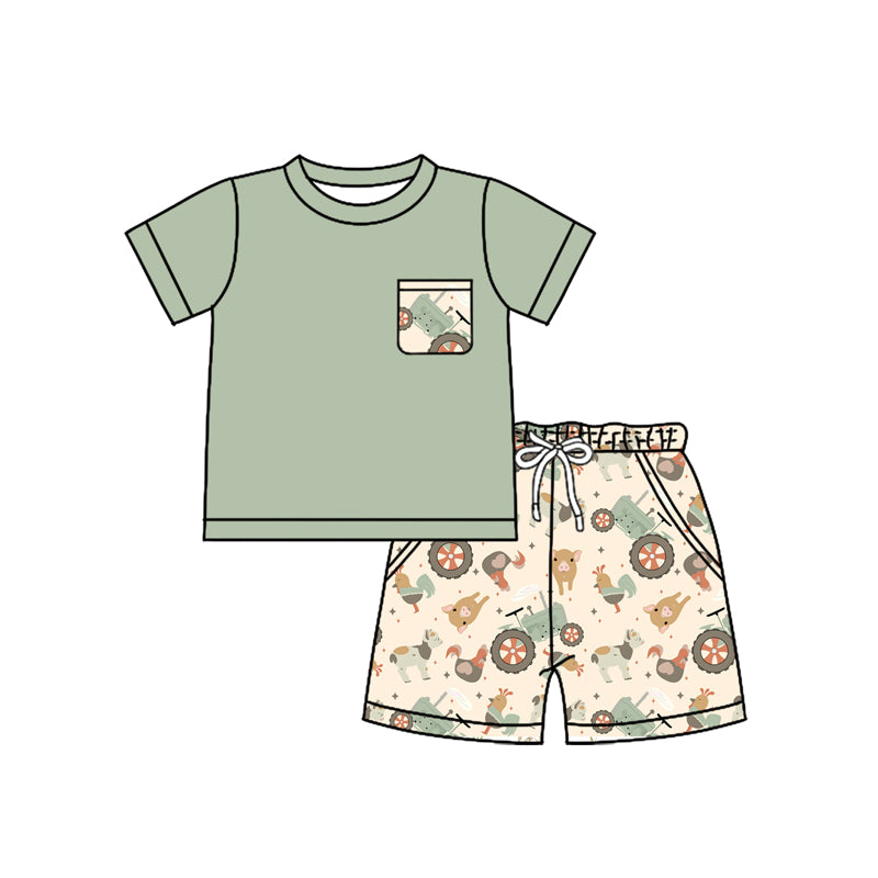 pre -order green animals farm style short Sleeve boy set BSSO1460
