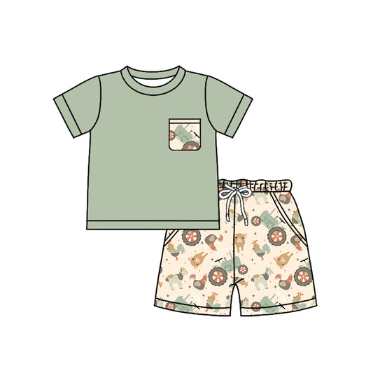 pre -order green animals farm style short Sleeve boy set BSSO1460