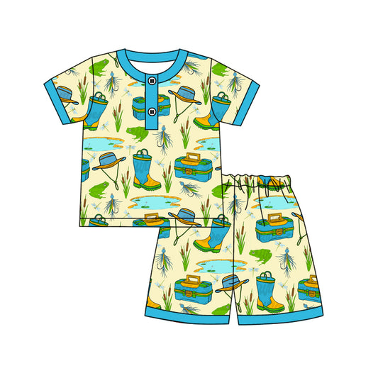 pre -order blue green fishing print short Sleeve boy set BSSO1495