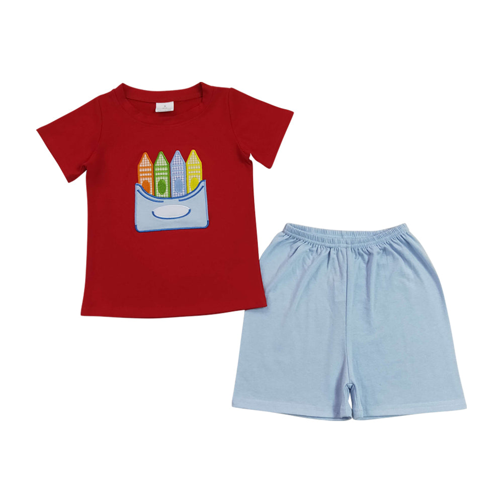 Blue Back To School pencil Embroidery Boy Set BSSO2023