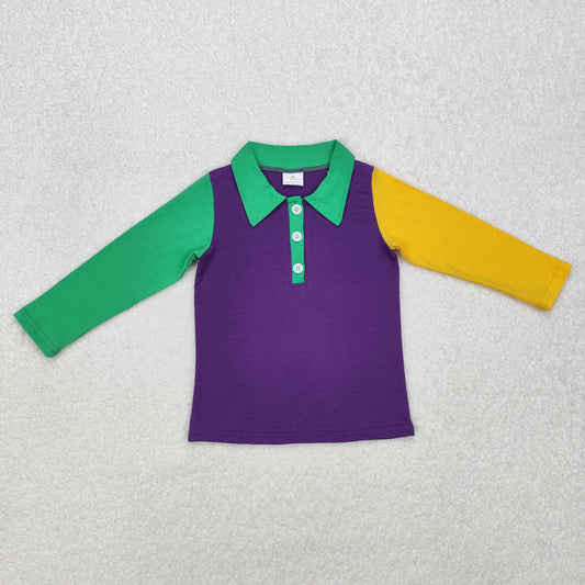 purple green yellow patchwork print long sleeve Shirt