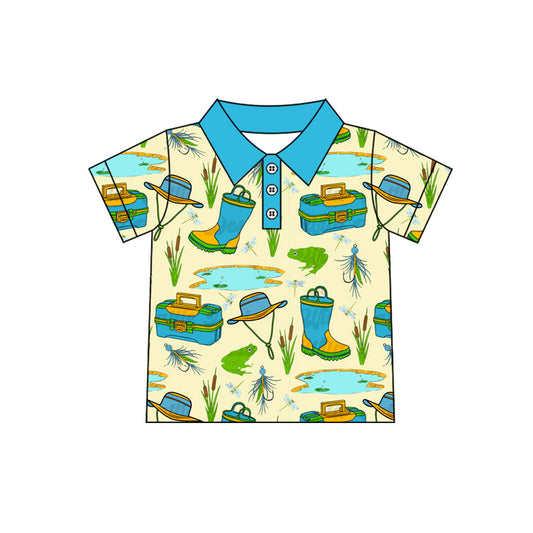 pre -order blue Green fishing print short Sleeve boy set BT1226