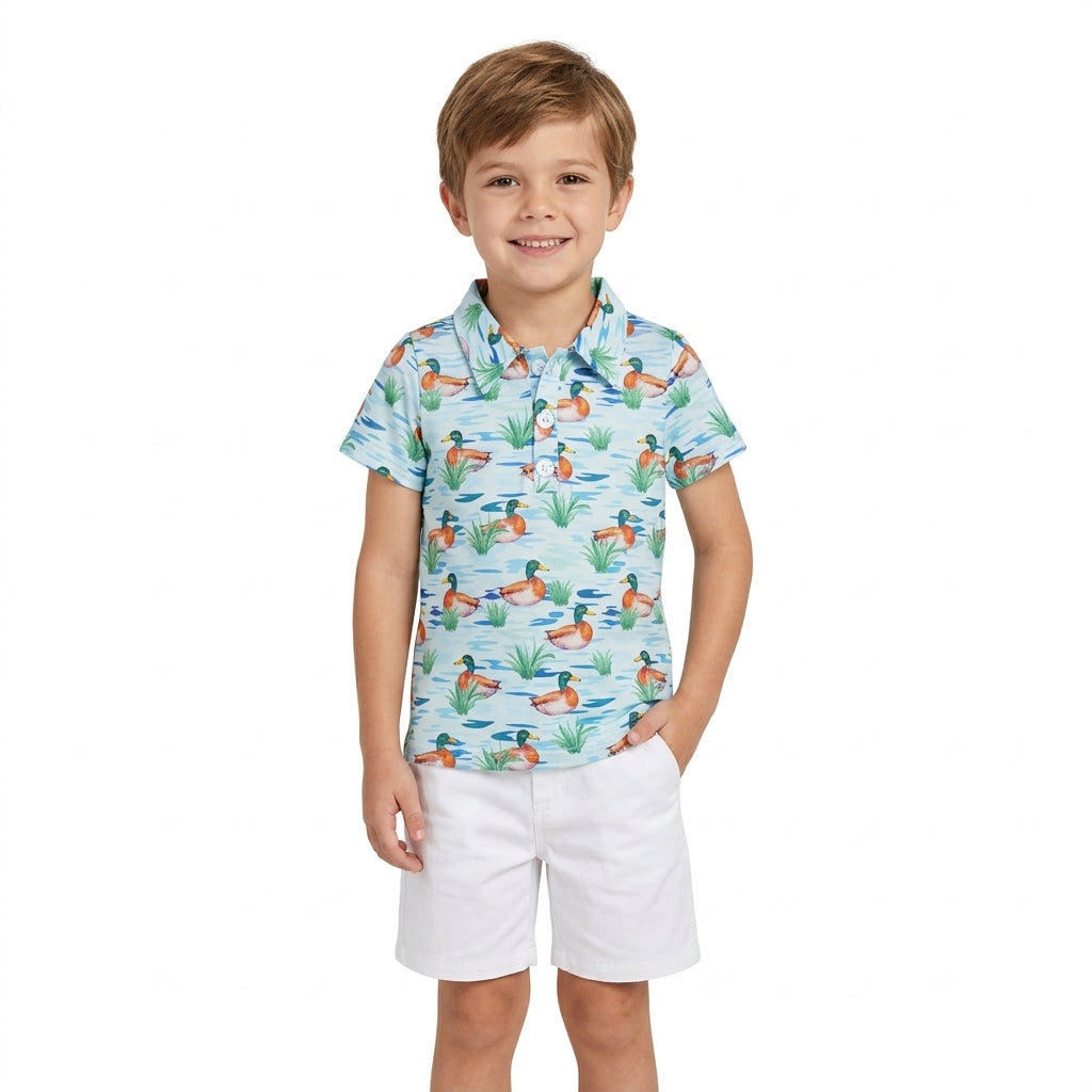 BT1381 Mallard Ducks Blue Kids Boys Polo Shirt Top
