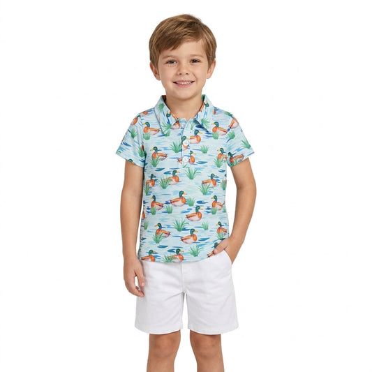 BT1381 Mallard Ducks Blue Kids Boys Polo Shirt Top
