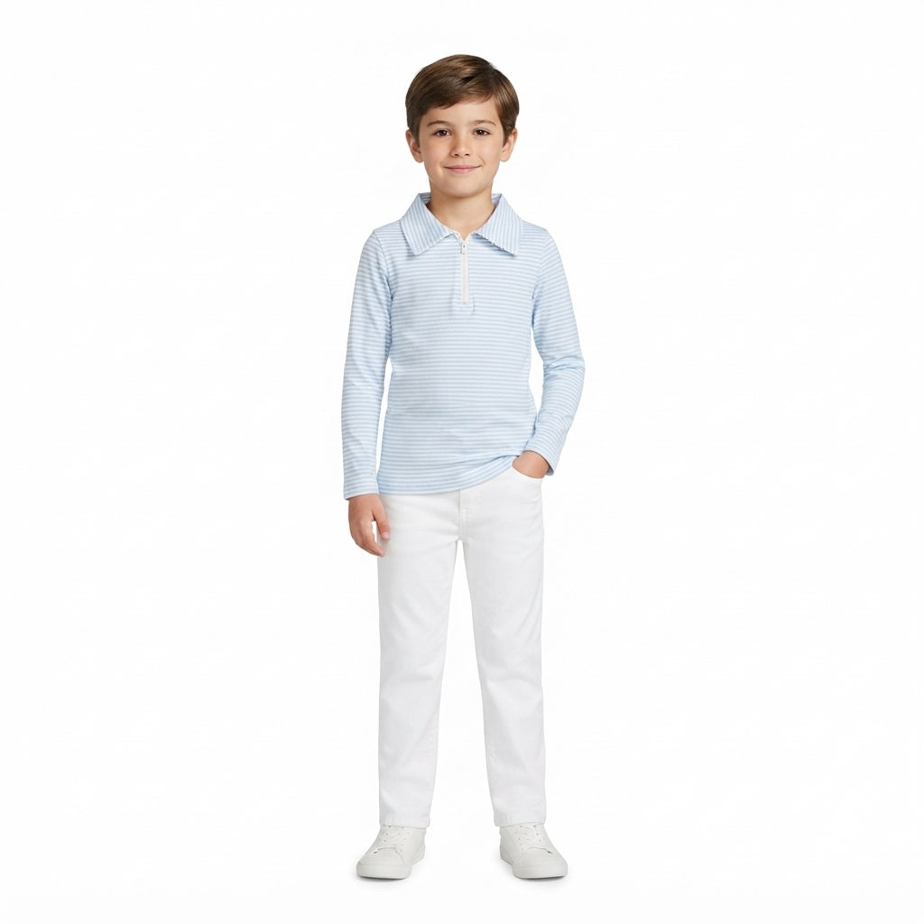 BT1878 Light Blue Stripe Zipper Kids Boys Pullover Shirt