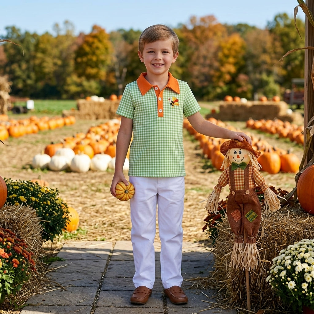 BT1889 Embroidery Thanksgiving Day Turkey Plaid Kids Boys Polo Shirt