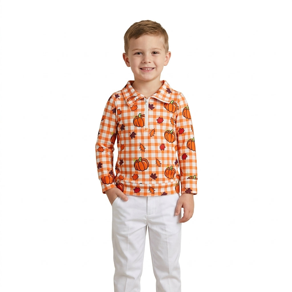 BT1895 Fall Pumpkin Plaid Print Zipper Pullovers Kids Boys Shirt Top