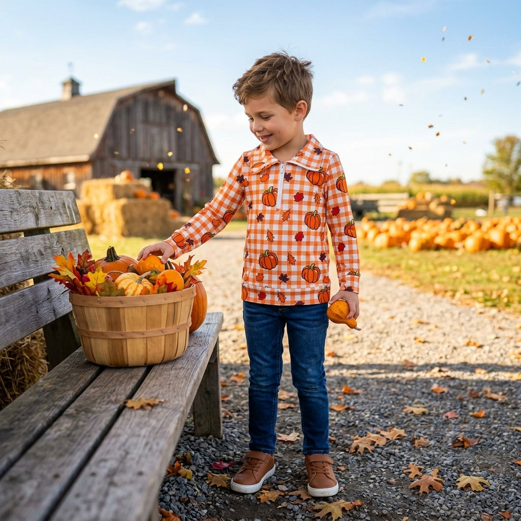 BT1895 Fall Pumpkin Plaid Print Zipper Pullovers Kids Boys Shirt Top