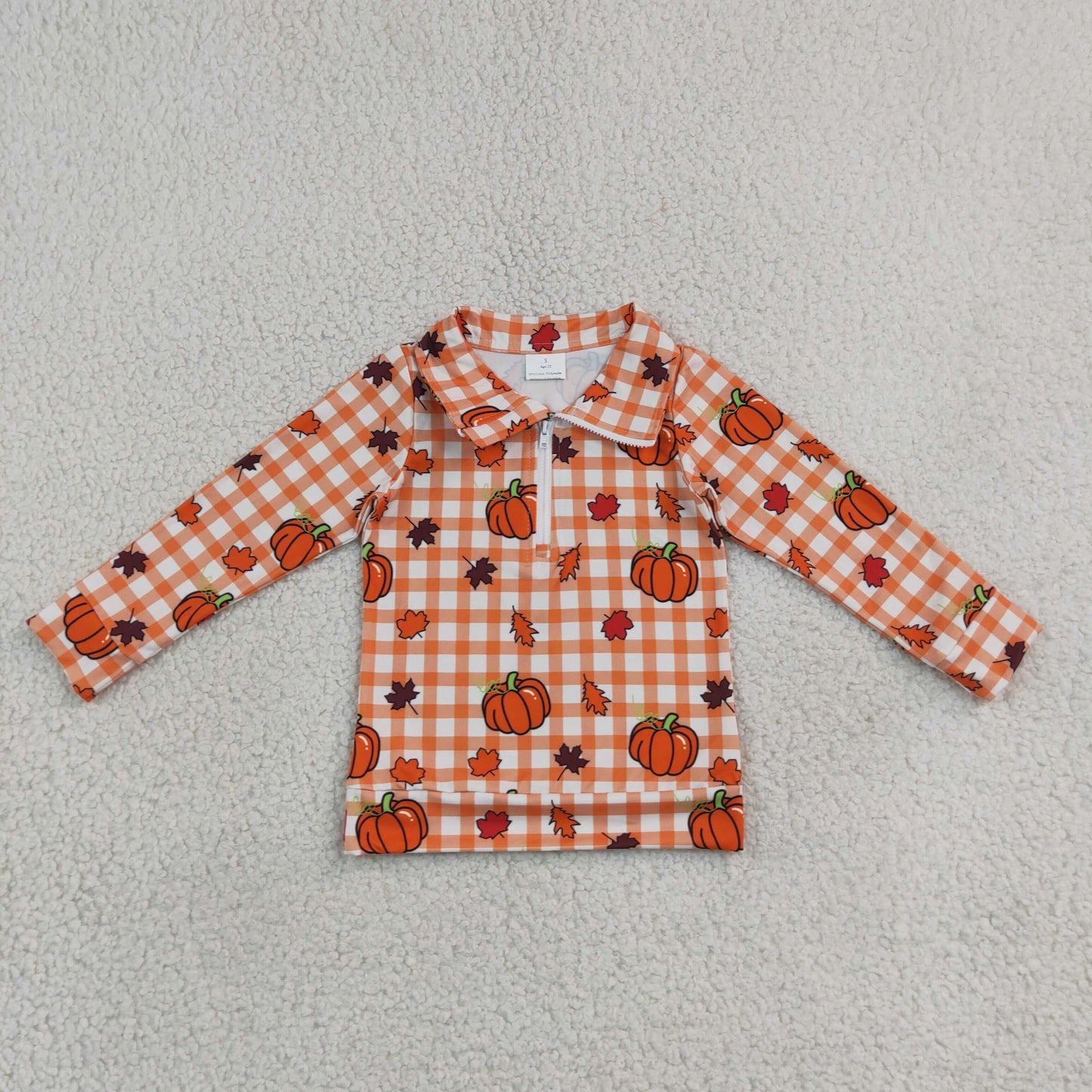 BT1895 Fall Pumpkin Plaid Print Zipper Pullovers Kids Boys Shirt Top
