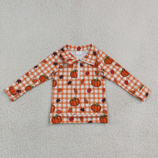 BT1895 Fall Pumpkin Plaid Print Zipper Pullovers Kids Boys Shirt Top