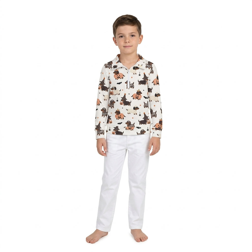 BT1896 Halloween Pumpkin Puppy Ghost Zipper Pullovers Kids Boys Shirt Top