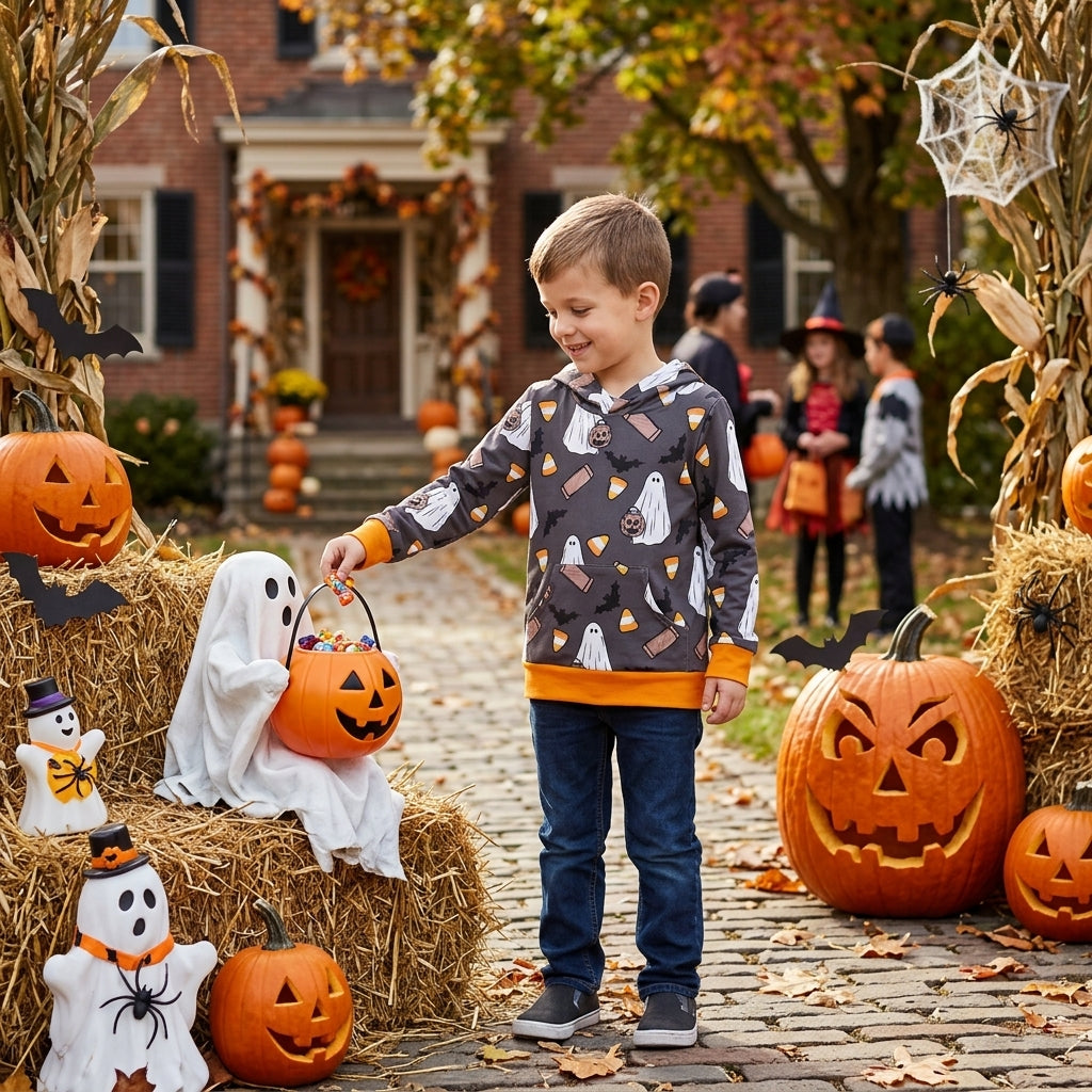 BT1843 Halloween Candy Bats Kids Boys Hoodie Pullover