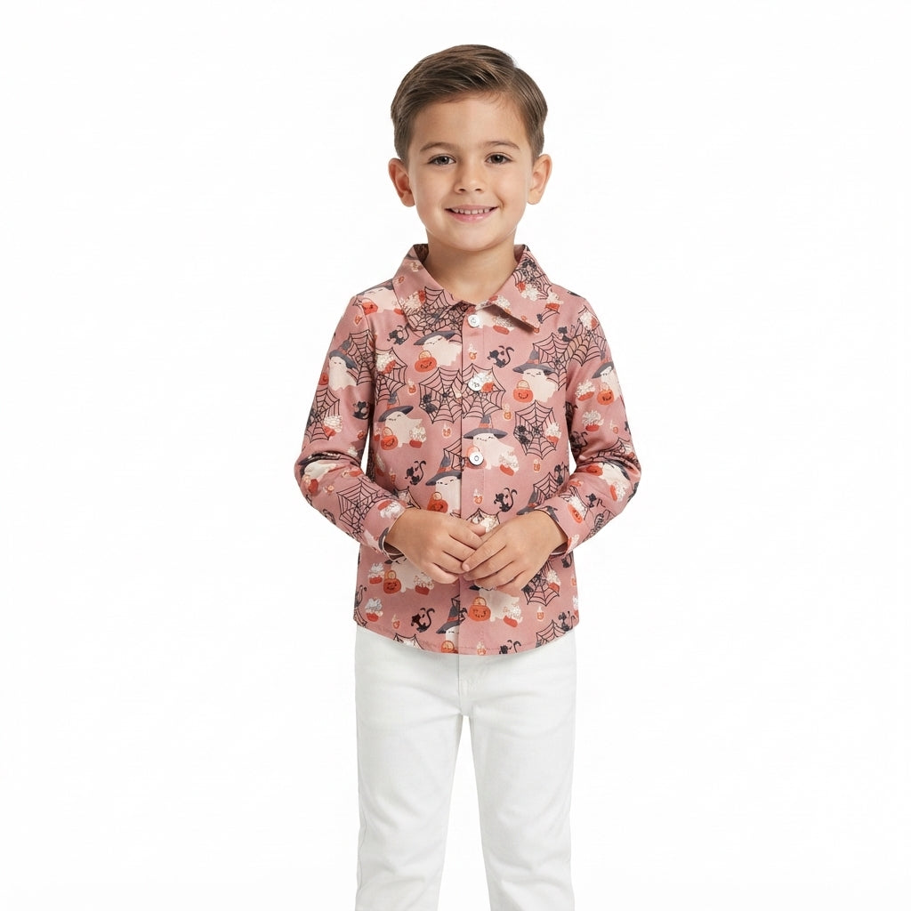 BT1902 Halloween Pumpkin Ghost Print Buttons Kids Boys Polo Shirt Top