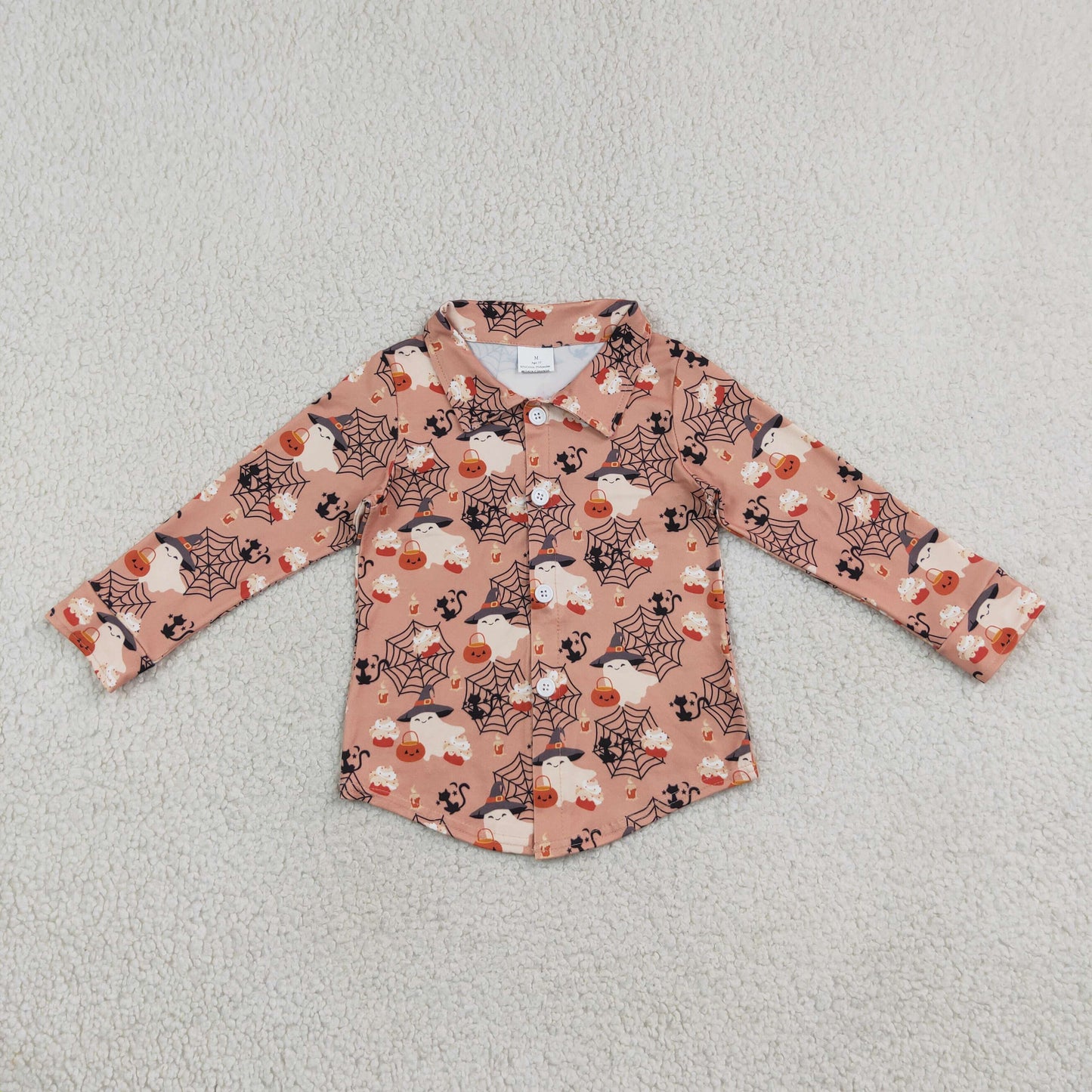 BT1902 Halloween Pumpkin Ghost Print Buttons Kids Boys Polo Shirt Top