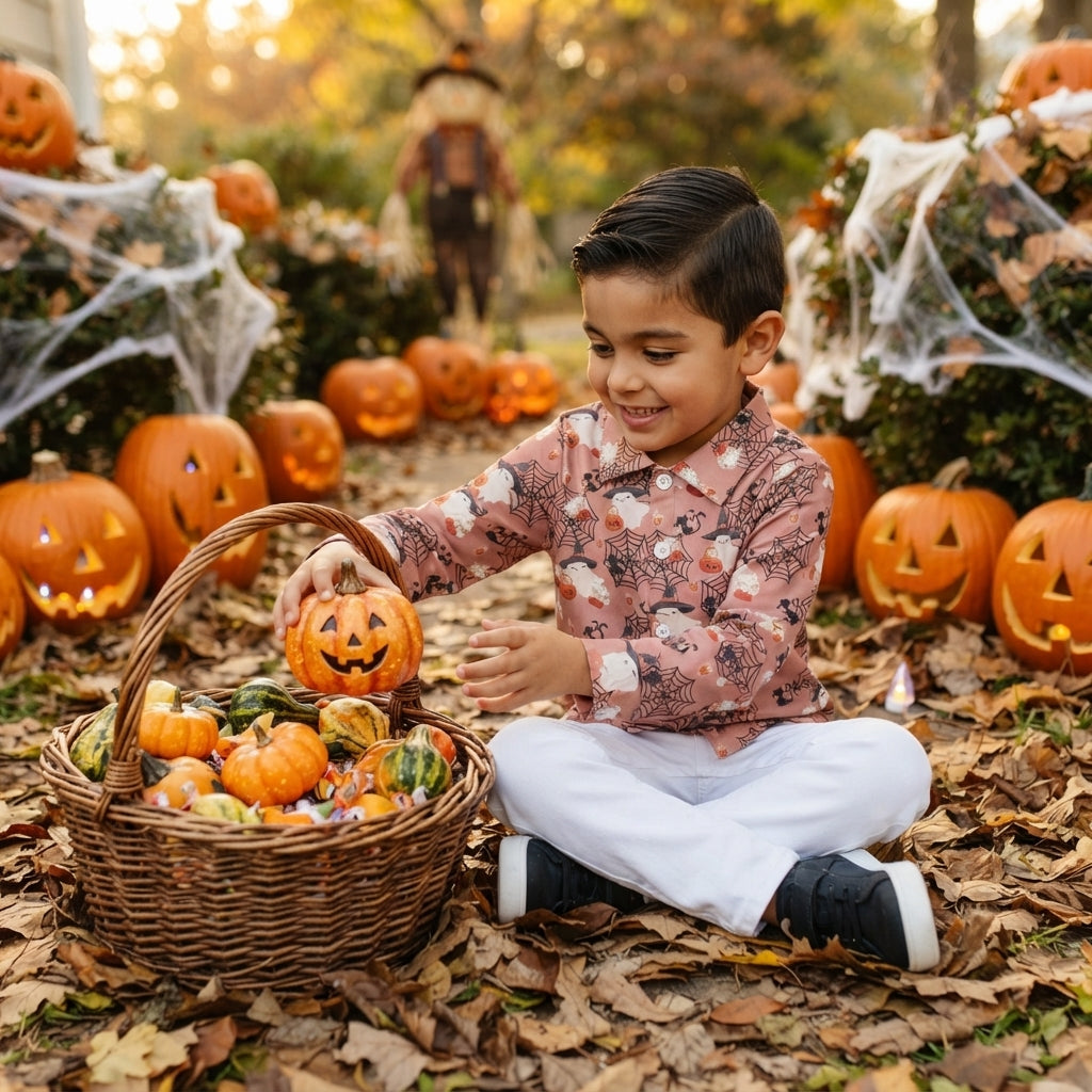 BT1902 Halloween Pumpkin Ghost Print Buttons Kids Boys Polo Shirt Top