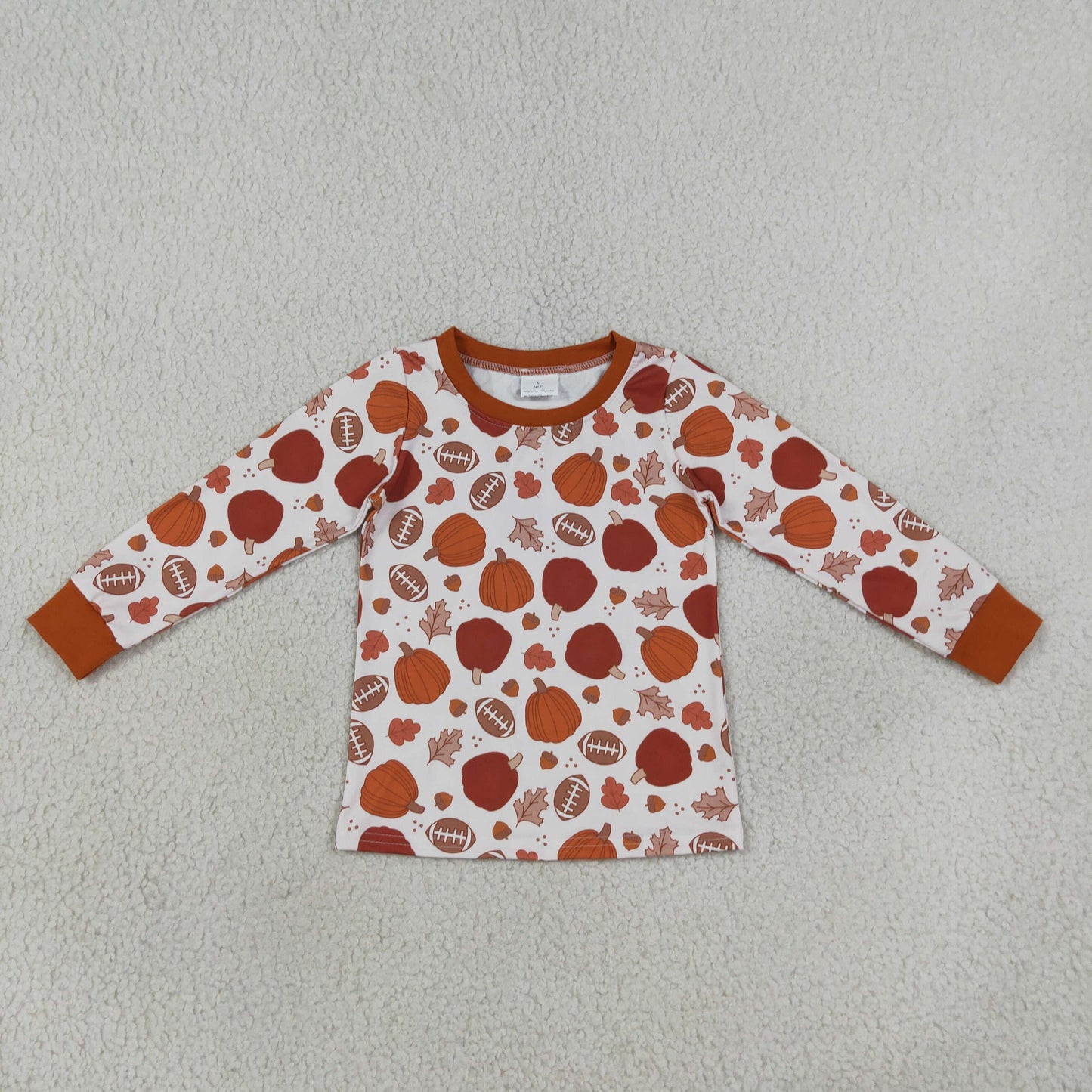 BT1928 Fall Pumpkin Leaf Rugby Print Kids Boys Shirt Top