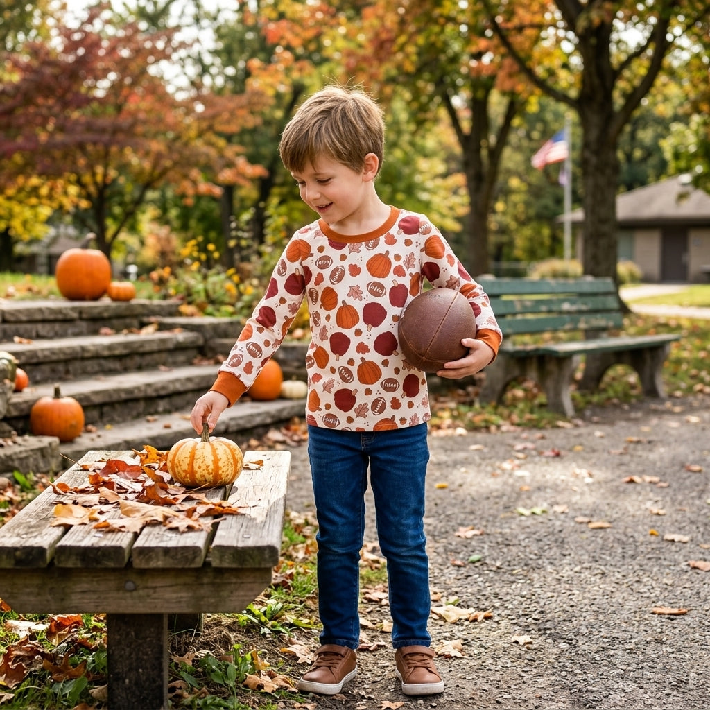 BT1928 Fall Pumpkin Leaf Rugby Print Kids Boys Shirt Top