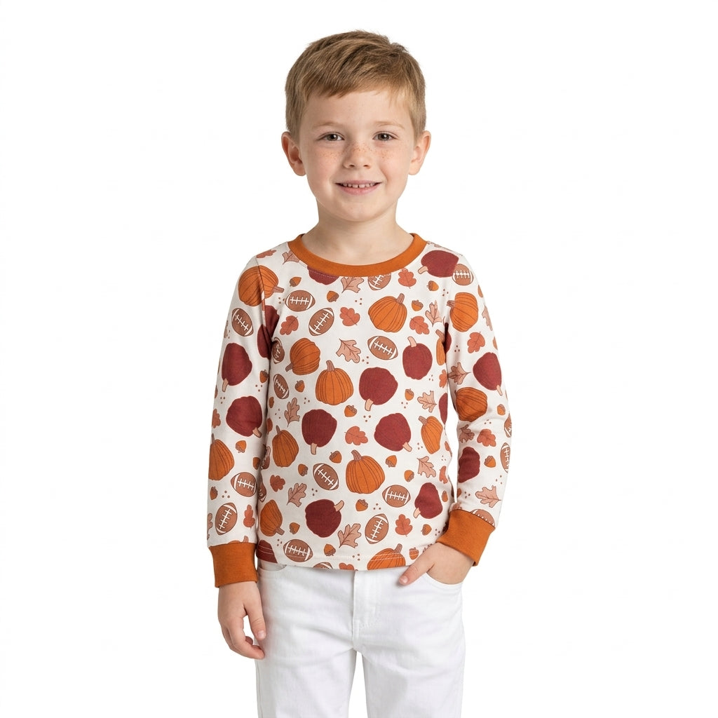 BT1928 Fall Pumpkin Leaf Rugby Print Kids Boys Shirt Top
