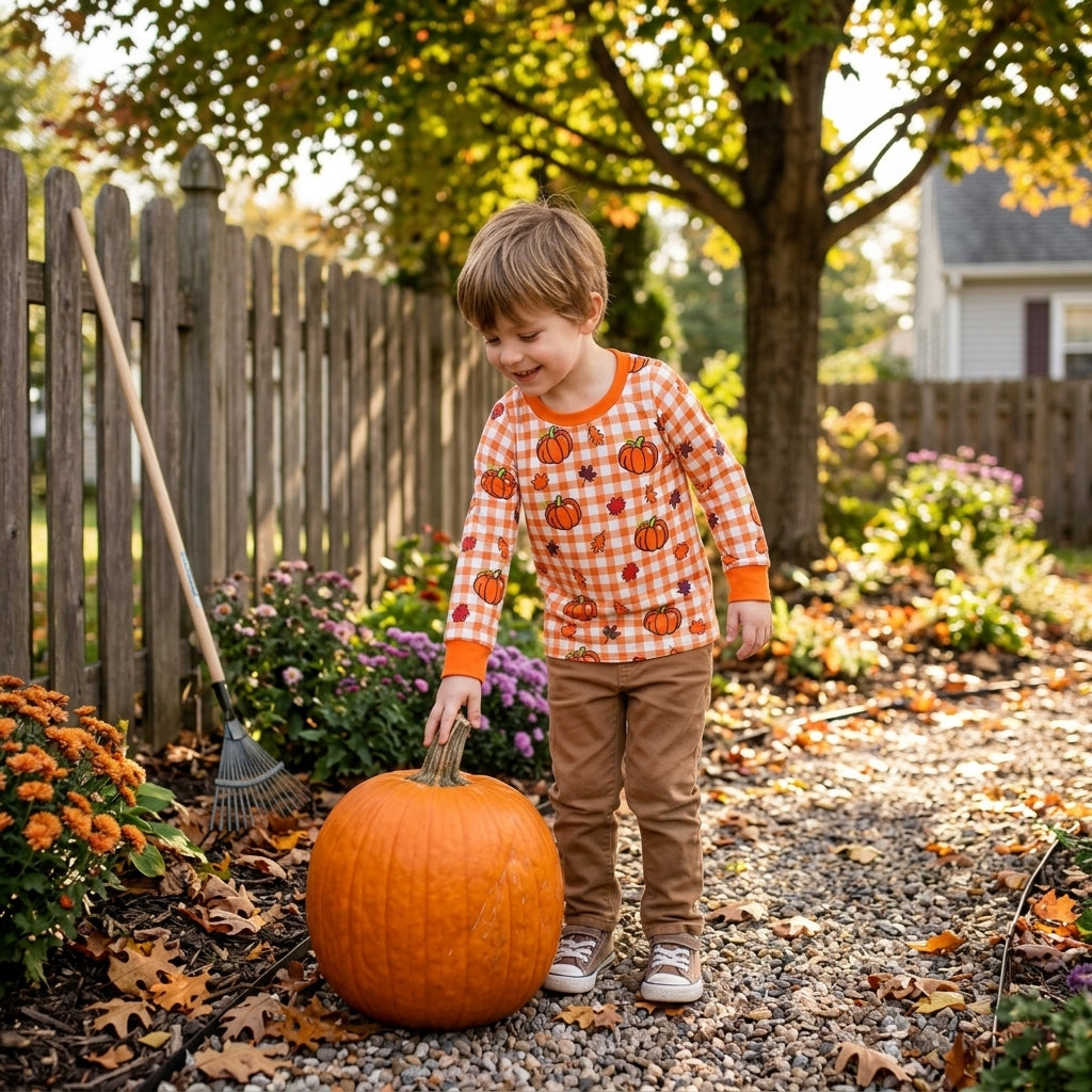 BT1929 Fall Pumpkin Plaid Print Kids Boys Shirt Top