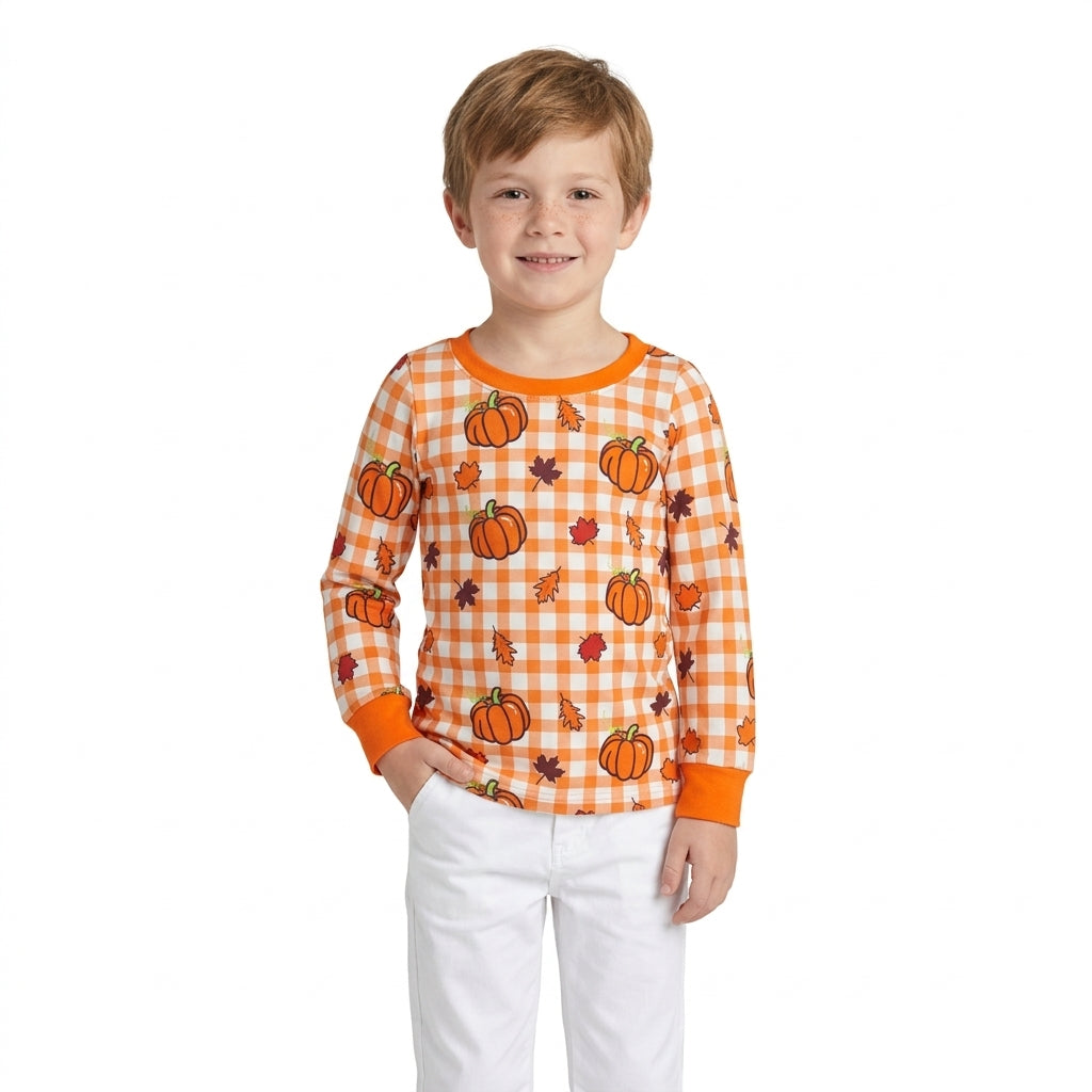 BT1929 Fall Pumpkin Plaid Print Kids Boys Shirt Top