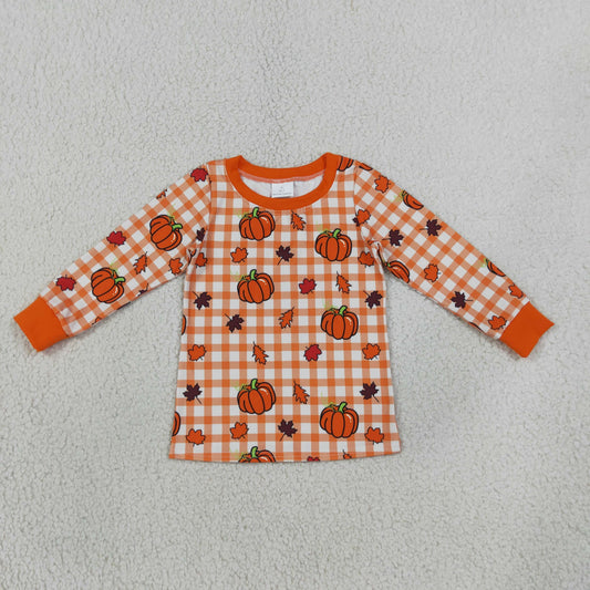 BT1929 Fall Pumpkin Plaid Print Kids Boys Shirt Top